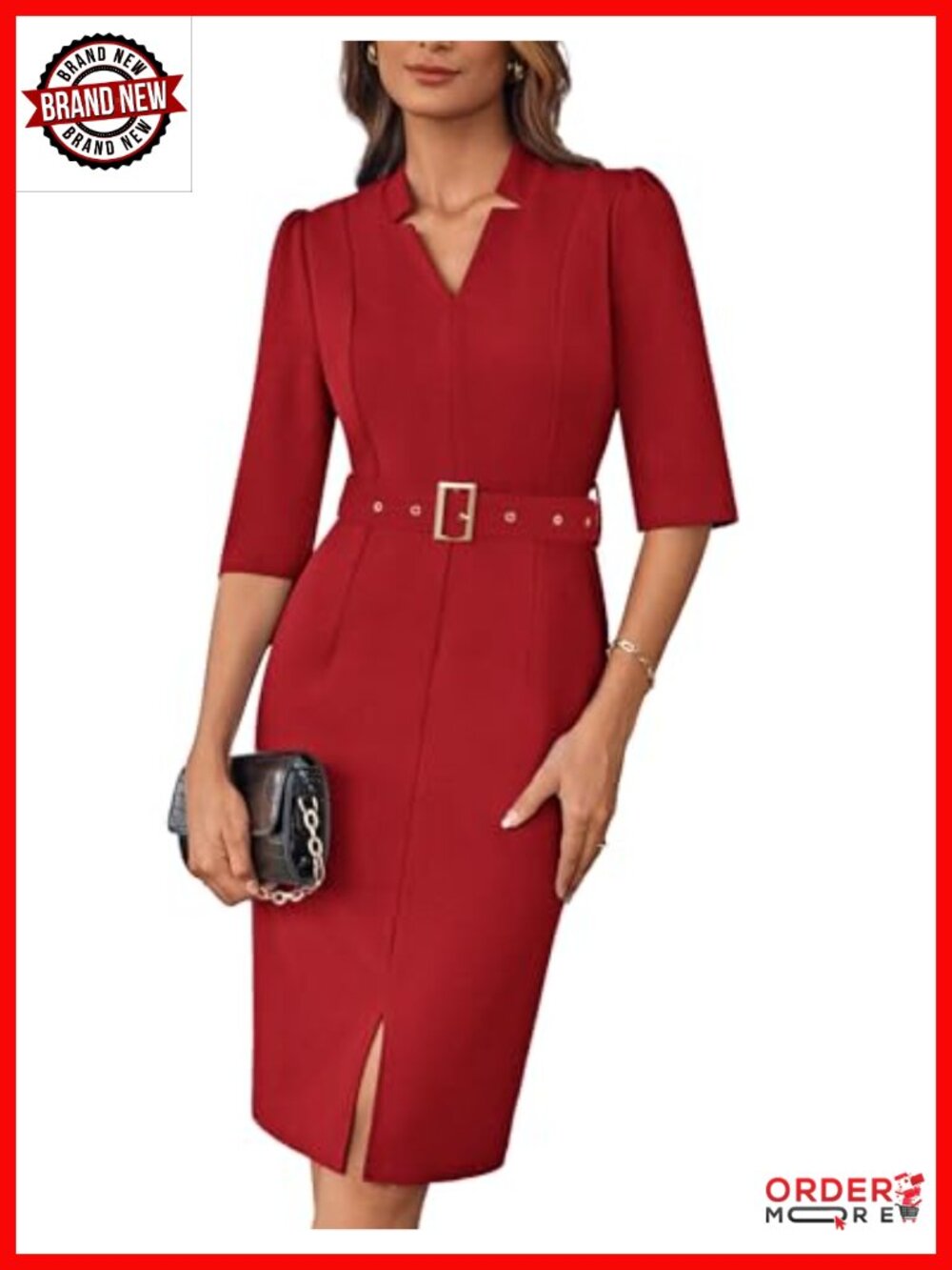 Women's Sheath Dress 3/4 Sleeve V Neck Bodycon Zipper Up Office Business Dress